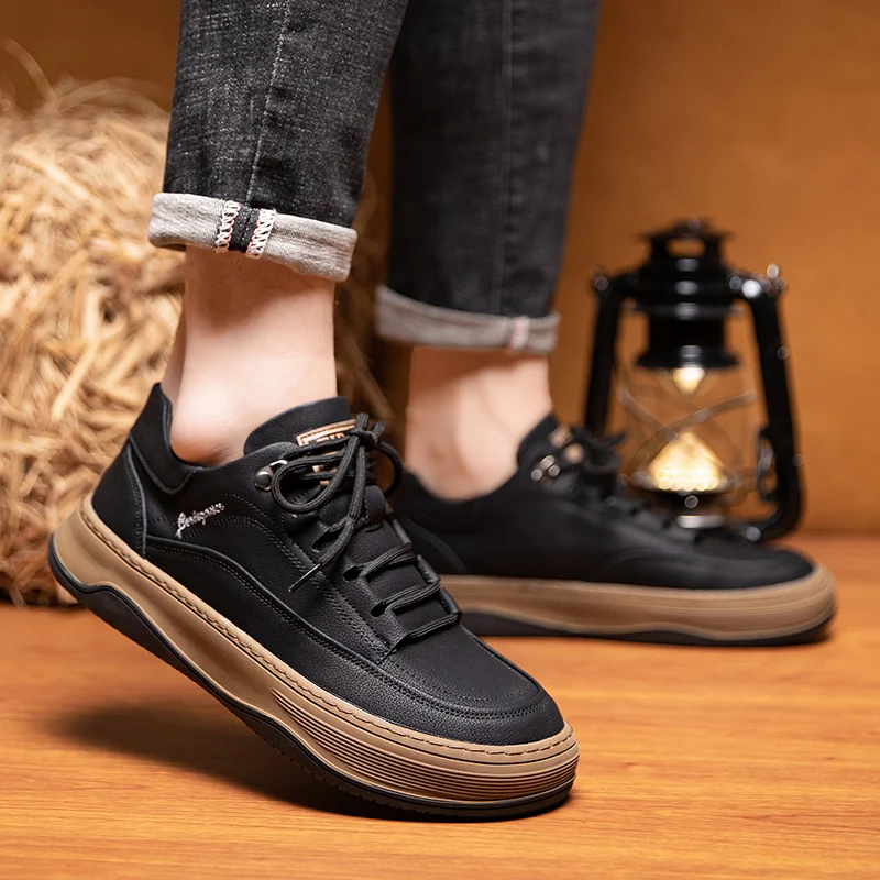 New Men's Sneakers Shoes 2023 Leather Sports Mens Casual Thickening Shoes Wear-Resistant Outdoor Walking Shoes for Autumn Winter