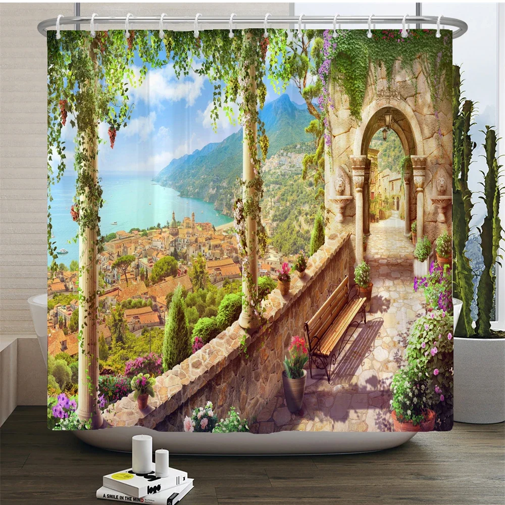 Rural Idyllic Flowers European Garden Shower Curtain Bathroom Waterproof 3d Printed Bath Curtains With 12 Hooks Polyester Cloth