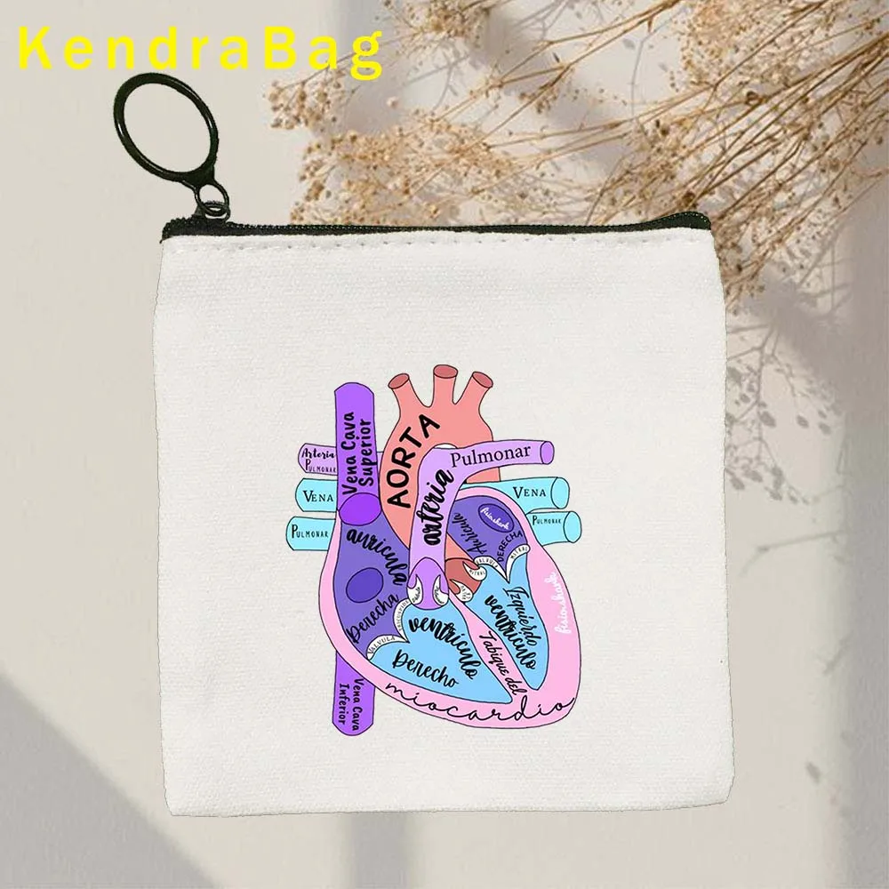 Cute Biology Funny Aesthetic Medicine Anatomy Body Heart Science Canvas Storage Card Coin Purse Key Case Bag Wallet Zipper Pouch