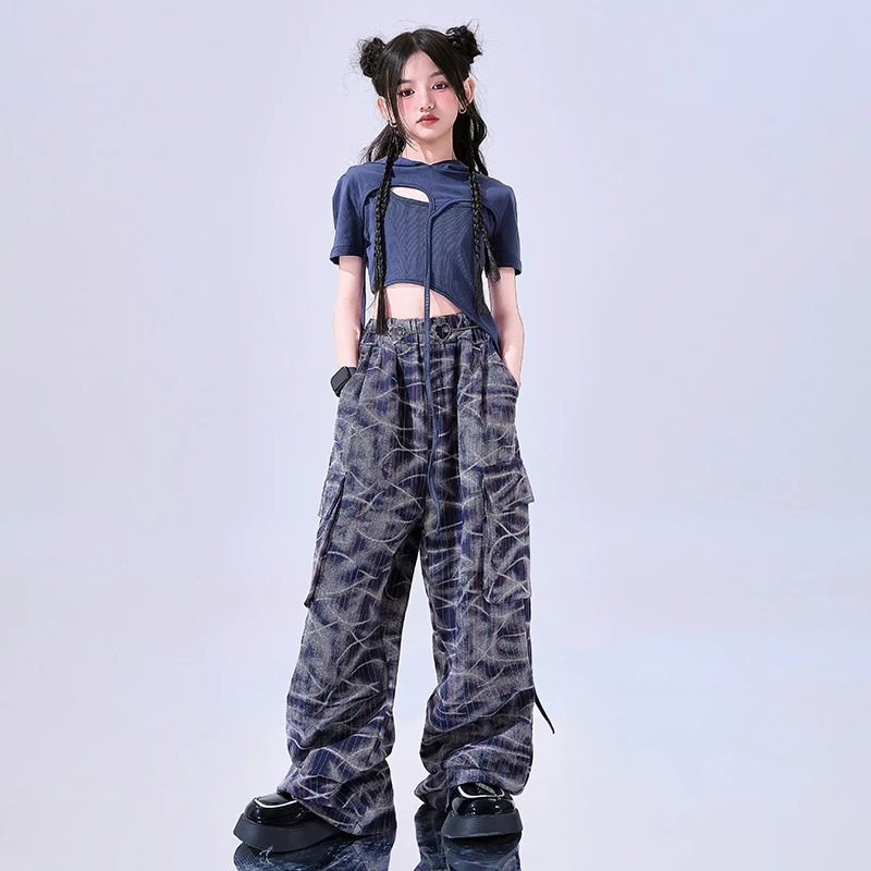 Roupas de dança jazz para meninas, roupas de verão para quadril e rua, mangas curtas, tops curtos, calças largas, roupas de performance de dança moderna bl15743