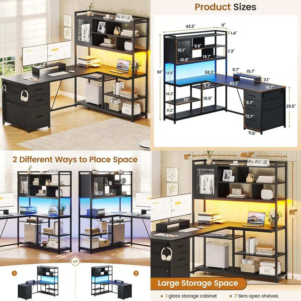 L Shaped Corner Computer Desk 58 Office Desk with Storage Shelves, 3 Drawers, Bookshelf, and LED Light for Home Office