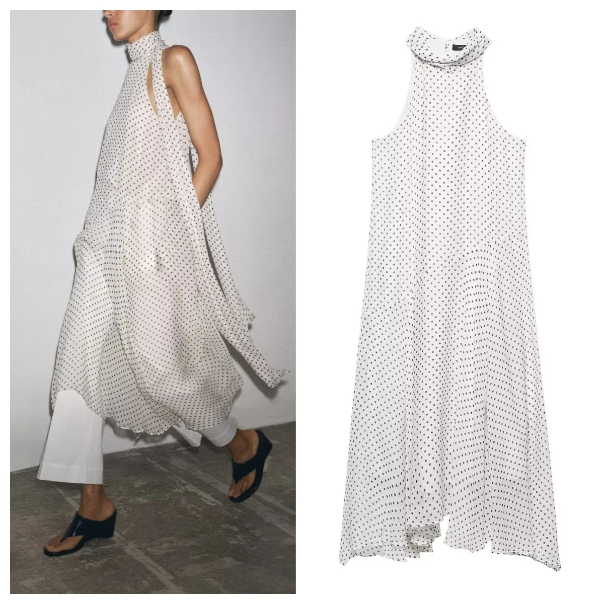 

European and American style new style polka dot printed mesh halterneck sleeveless dress