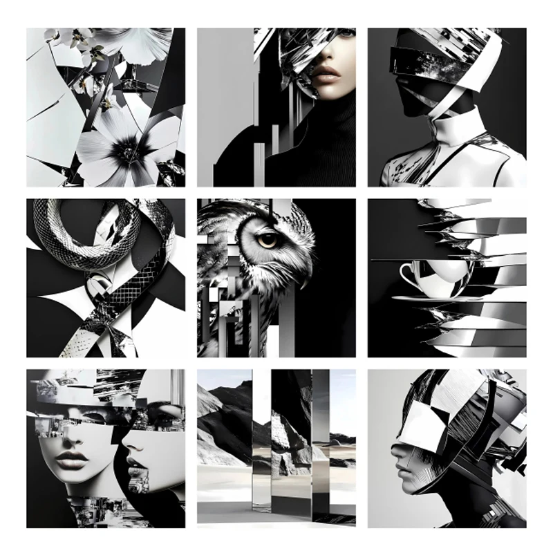 22cm black & white square irregular pattern heat transfer printing sticker T-shirt DIY ironing vinyl patch mirror broken feeling