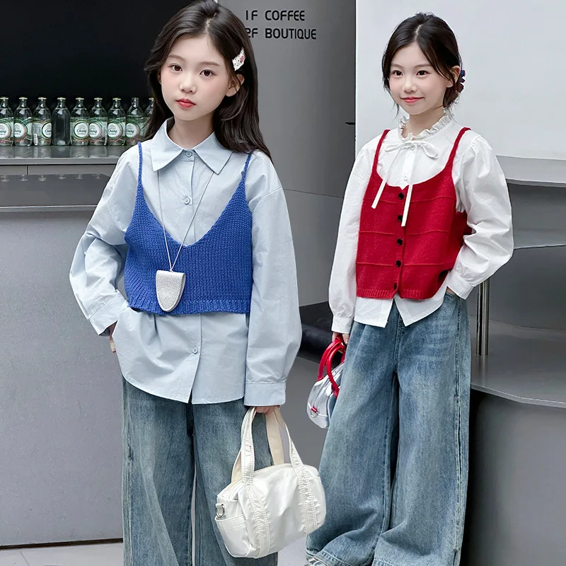

Girls' Spring and Autumn Clothing Set2026New style knitted suspender shirt for older children, children's college-style two-piec