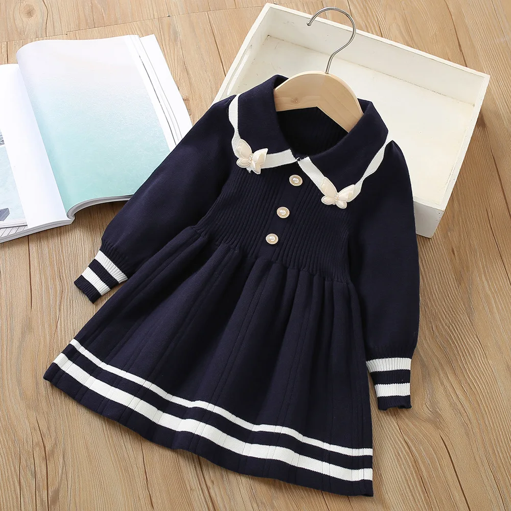 Fashion Korea Girls Dresses Long Sleeve Autumn Knitted Casual Dress Girl Clothing Loungewear Retro Wool Children Dresses Outfits
