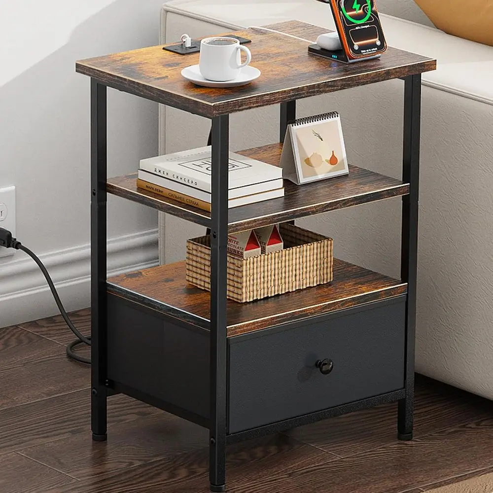 

Прикроватная тумбочка с зарядной станцией и тканевым ящиком, идеально подходит для спален, гостиных - коричневый/черный