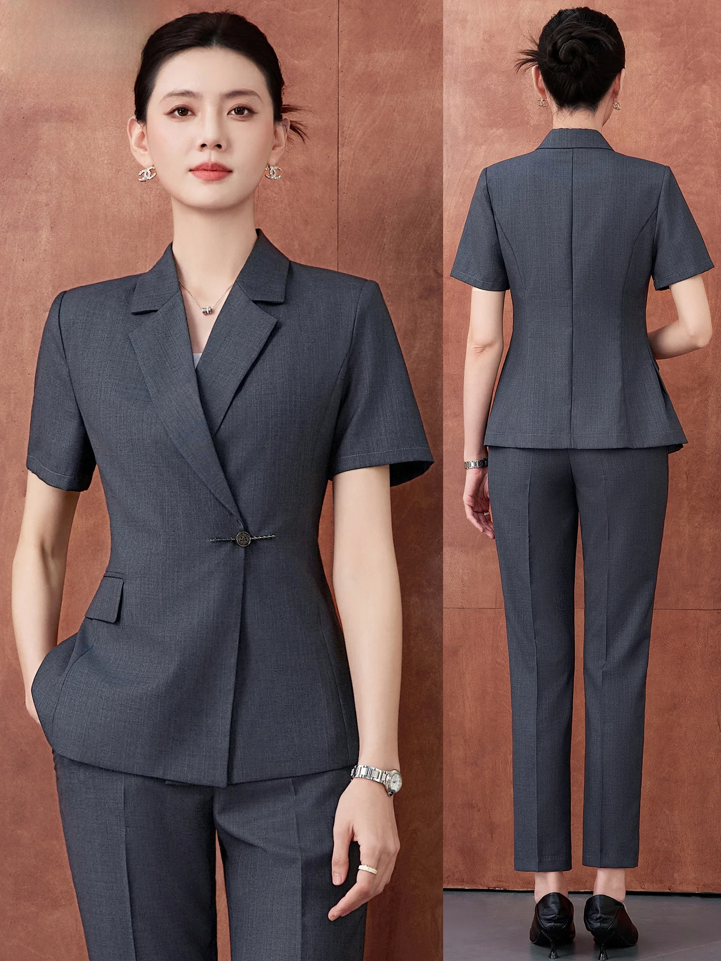 

ay Suit Set Women's Summer Thin ort Sve Profional Formal Busin Jewelry Store Hotel Manager Front Desk Work orm