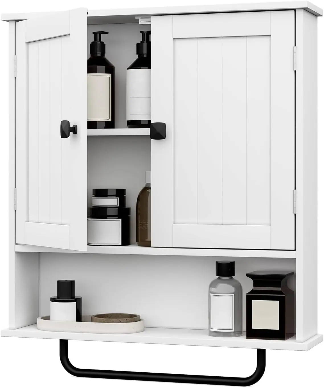 

Wall Mounted Bathroom Cabinet with Towel Bar, Over Toilet Storage, 2 Doors & Adjustable Shelf, White
