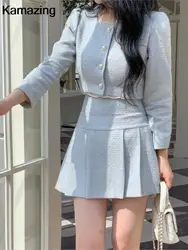 Korean Fashion Elegant Tweed Short Jacket Cropped Coats + High Waist Mini Skirts Suits Autumn New Slim Women Two-Piece Sets