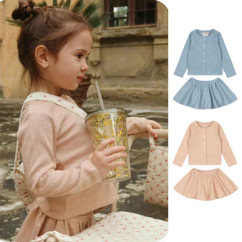 

Girls' Knit Cardigan 2026 Spring New Arrival Pink Cherry Fashion Children's Cardigan Jacket Cotton Cute Girls' Top and Skirt Set