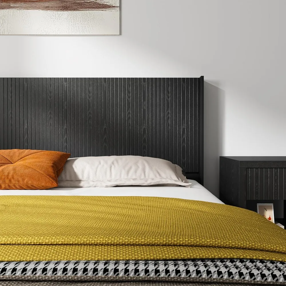 لوح رأسي من King Wood فقط، لوح رأسي مثبت على الحائط مقاس 80.2 بوصة مع لوحة مخددة وتصميم جناح لغرفة النوم، أسود