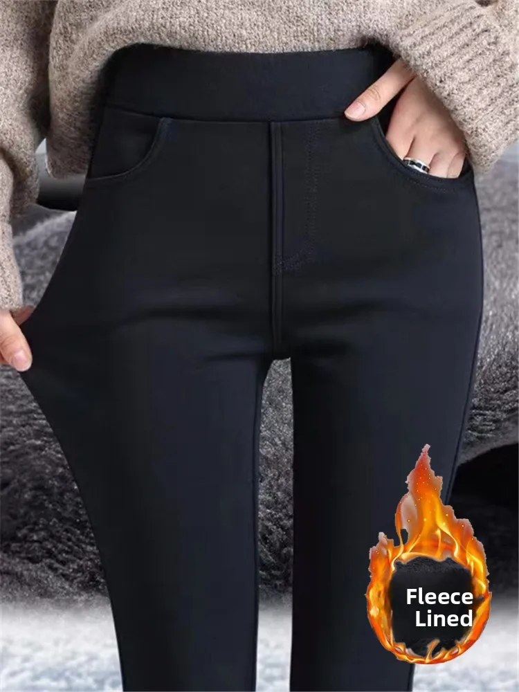 

Women's Fleece Lined Thickened Winter Leggings High Waist Slimming Tight Black Ankle Length Pants Warm Cotton Trousers