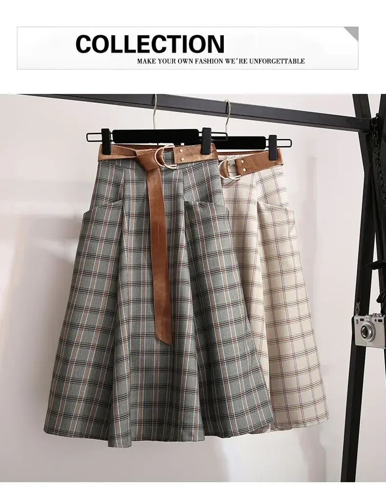Plaid Vantage Hohe Taille A-linie Lose Mit Gürtel Tasche frauen Rock Koreanische Mode Mid-Kalb Lange Röcke Für frauen 2026 Frühling – Detail 2