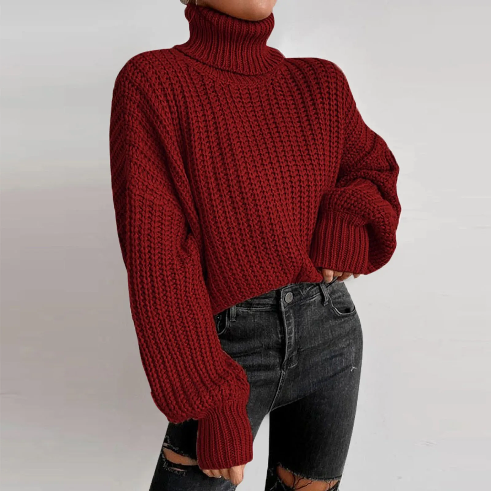 Suéter holgado de gran tamaño para mujer, jersey de cuello alto de punto elegante y cálido, Tops sólidos, Jersey de punto de moda, Otoño e Invierno