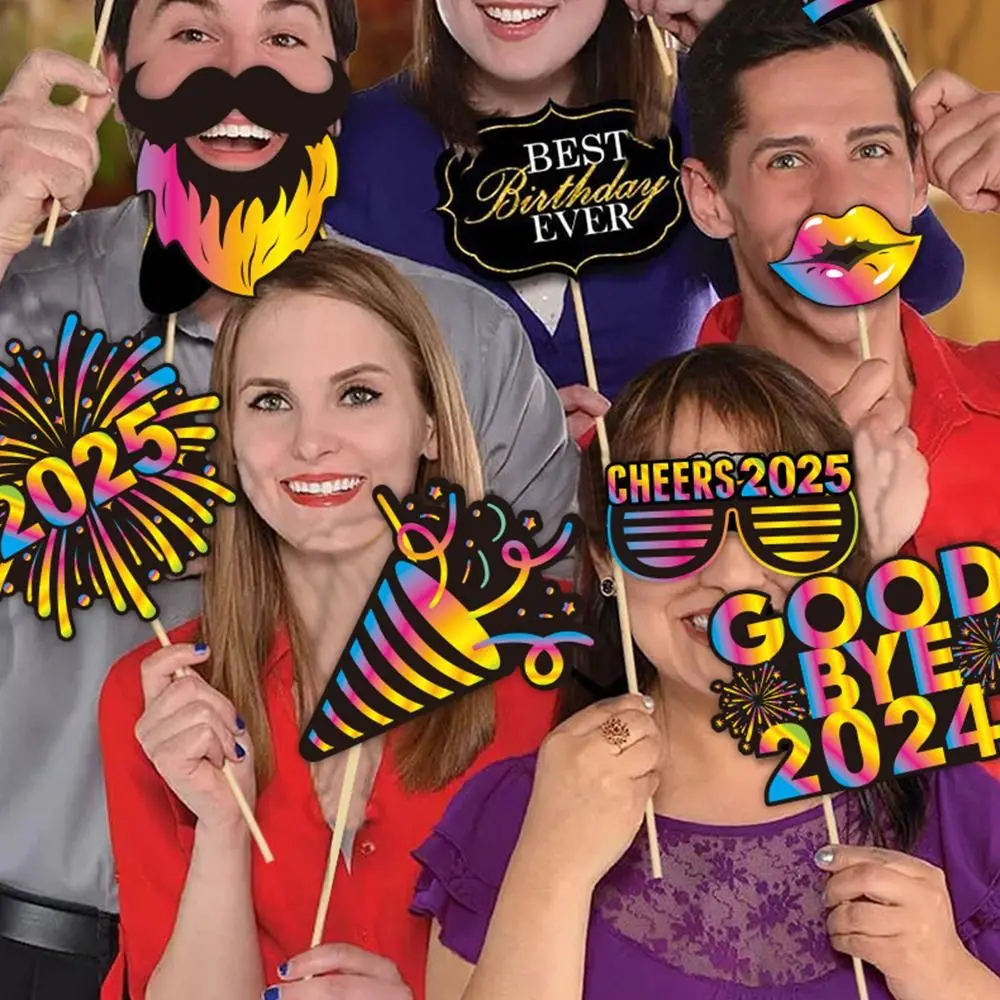 30 pçs colorido 2025 ano novo fotografia adereços dos desenhos animados diy photo booth adereços papel elegante feliz ano novo decoração