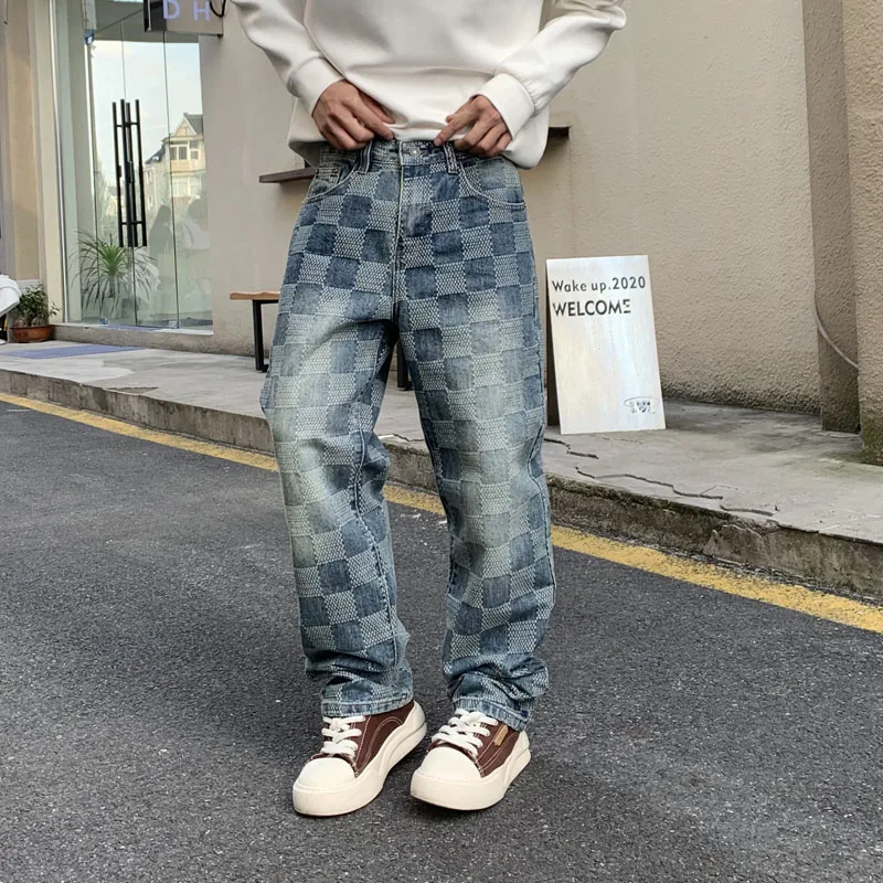 High Quality 2024 New Vintage Blue Jeans Men Loosen Plaid Jacquard Pants Luxury Design Wide Leg Trousers