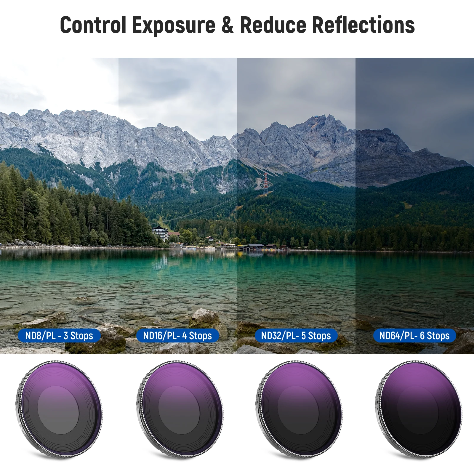 NEEWER ND Filter Set Compatible with DJI Osmo Action 4, 4 Pack ND8/PL ND16/PL ND32/PL ND64/PL ND/CPL Filters Kit Action Camera