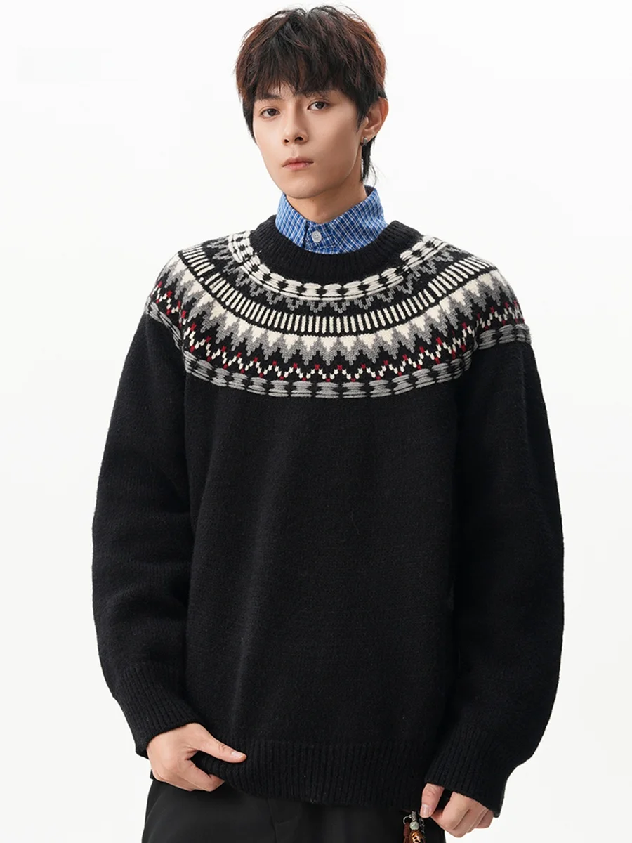 

American Sle Men's Knitted Sweater round Ne Pullover Soft Polyester Fiber Autumn Faionable Lazy Sle Retro Pattern