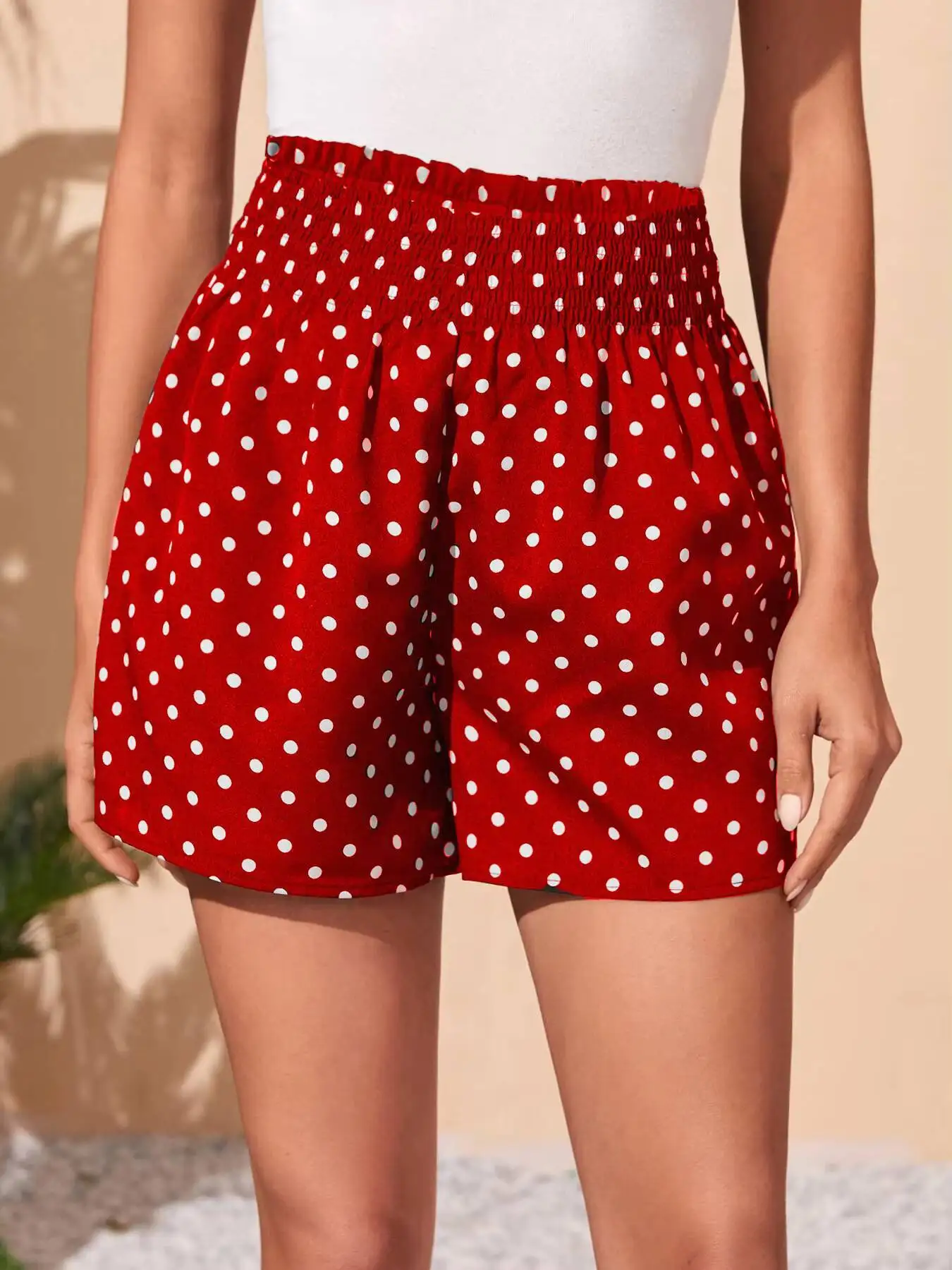 

Casual Red White Polka Dot High Waist Shorts Smocked Elastic Waist Loose Trousers, For Daily Wear Beach Vacation Summer Outfits