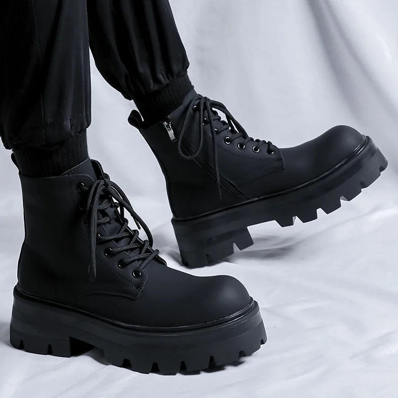 men\'s luxury fashion platform boots black trendy autumn winter shoes party nightclub dress original leather boot ankle botas man