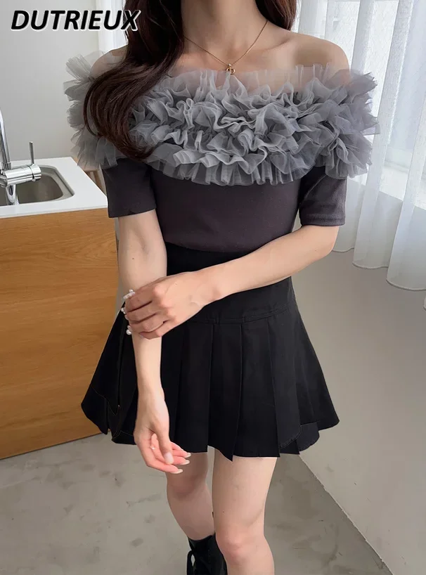 

Summer New 2024 Japanese Style Sweet Girls All-Matching T-shirt Tulle Ruffled Stitching Off-Shoulder Short Knitted Tops