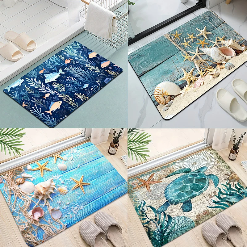 1pc Non Slip Bathroom Mat Ocean Style Absorbent Bath Rug Contemporary Art Indoor And Outdoor Soft Floor Pad Bathroom Decoration