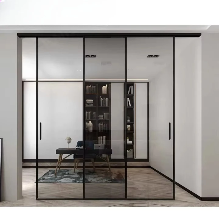 ROGENILAN ultra-thin aluminum frame sliding door for internal retractable black glass partition with stacked sliding glass door