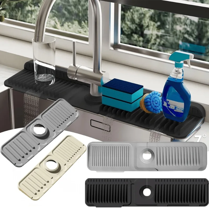 

Silicone Sink Splash Guard and Drain Mat with Integrated Drip Catcher Tray for Kitchen and Bathroom Use Countertop Protector