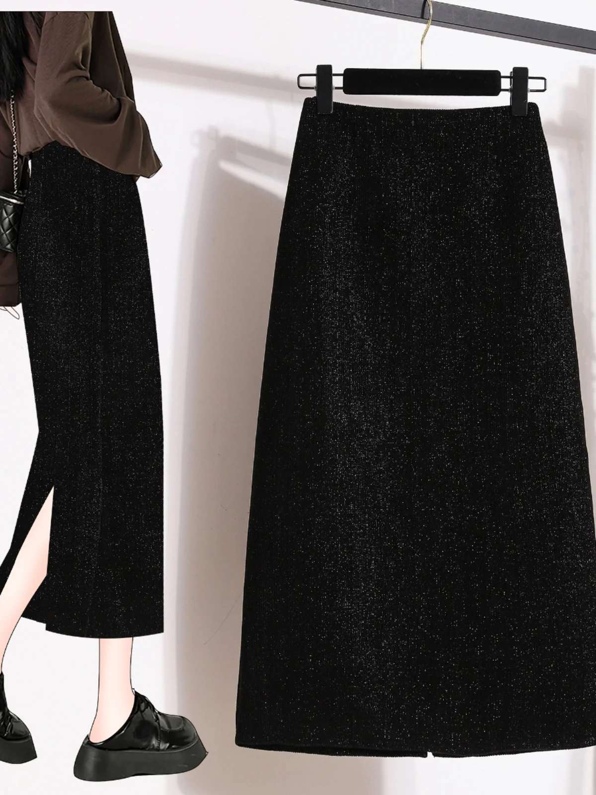 

Black Shiny Thread Wrap around mid Long A-Line Skirt for plus Size Women Spring High Waist Slit Korean Style Commute