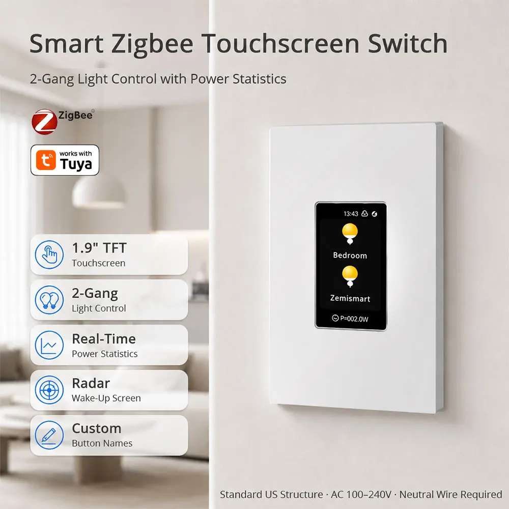 Zemismart Zigbee Smart Touch Screen Switch 2 Gang with Power Statistics Neutral Wire Required Support Home Assistant via Z2M ZHA
