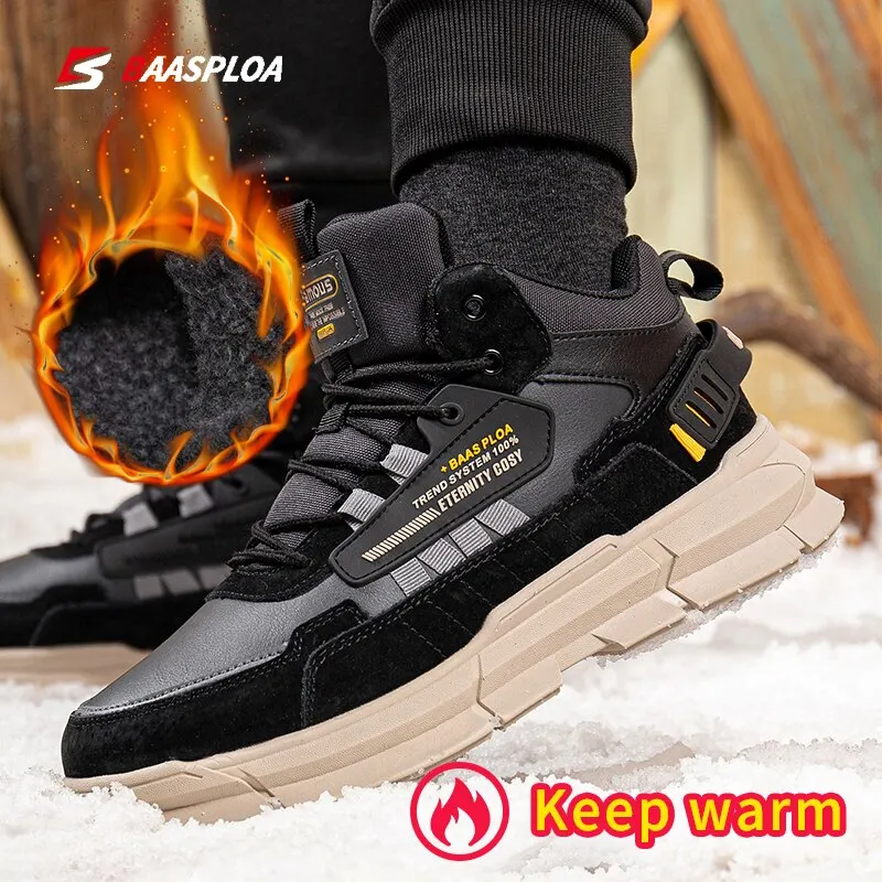 Baasploa Men Winter Cotton Shoes Leather Waterproof Casual Shoes For Men Fashion Plush Warm Sneakers Non-slip Outdoor