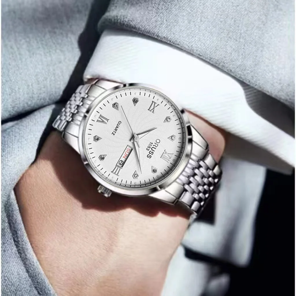 ORUSS оригинальные мужские часы из нержавеющей стали с двойным календарем, водонепроницаемые светящиеся роскошные часы, модные кварцевые мужские наручные часы, Новое поступление