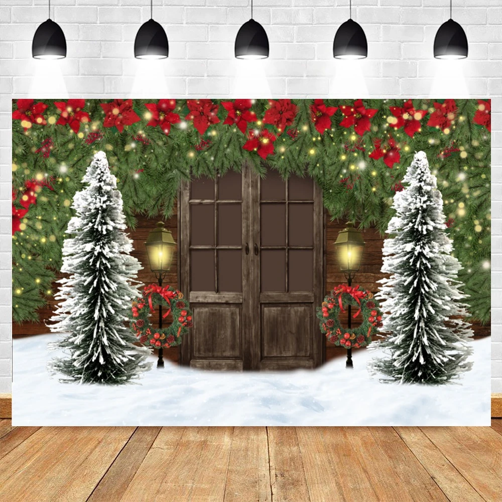 Christmas Backdrop Christmas Barn Wood Door Photography Backdrop Xmas Tree Snow Gift Party Photo Background Family Holiday Decor