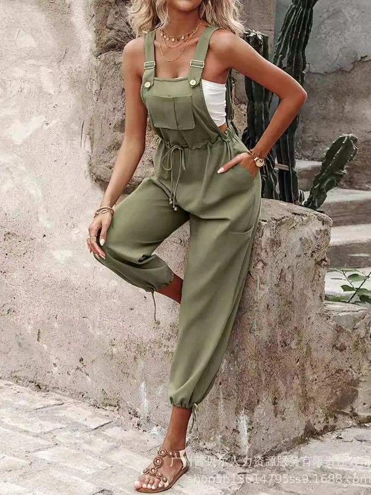 Summer Women\'s New Cotton Hemp Fashion Strap Buckle Multi Pocket Workwear Waist Elastic Strap Wide Leg Sleeveless Jumpsuit