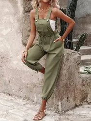 Summer Women's New Cotton Hemp Fashion Strap Buckle Multi Pocket Workwear Waist Elastic Strap Wide Leg Sleeveless Jumpsuit