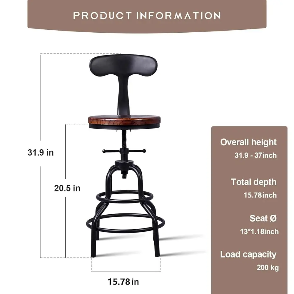 Industrial Vintage Counter Stool, Kitchen Counter Height Adjustable Swivel Chair, Metal Frame Stool, With Iron Backrest,