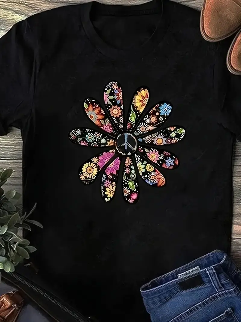 

Plus - Size Women's Short - Sleeve T - shirt, Colorful Floral & Peace Sign Print, Hippie - Inspired & Stylish