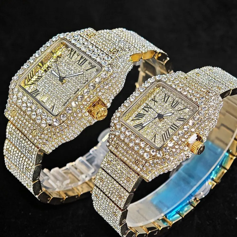 UNIGUET ساعة ثلج فاخرة للرجال والنساء موضة الهيب هوب كامل الماس مربع زوجين ساعة اليد هدية 2026 Hor Sale