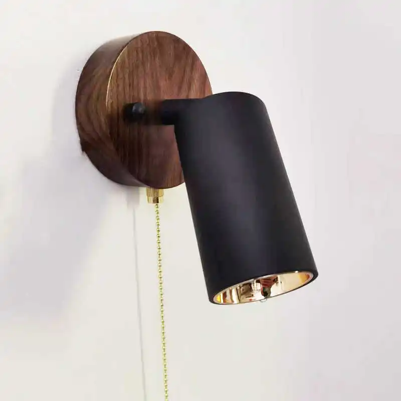 Japanese wooden wall lamp bedroom bed cable switch LED wall light decorative reading light can rotate the wall light image 3