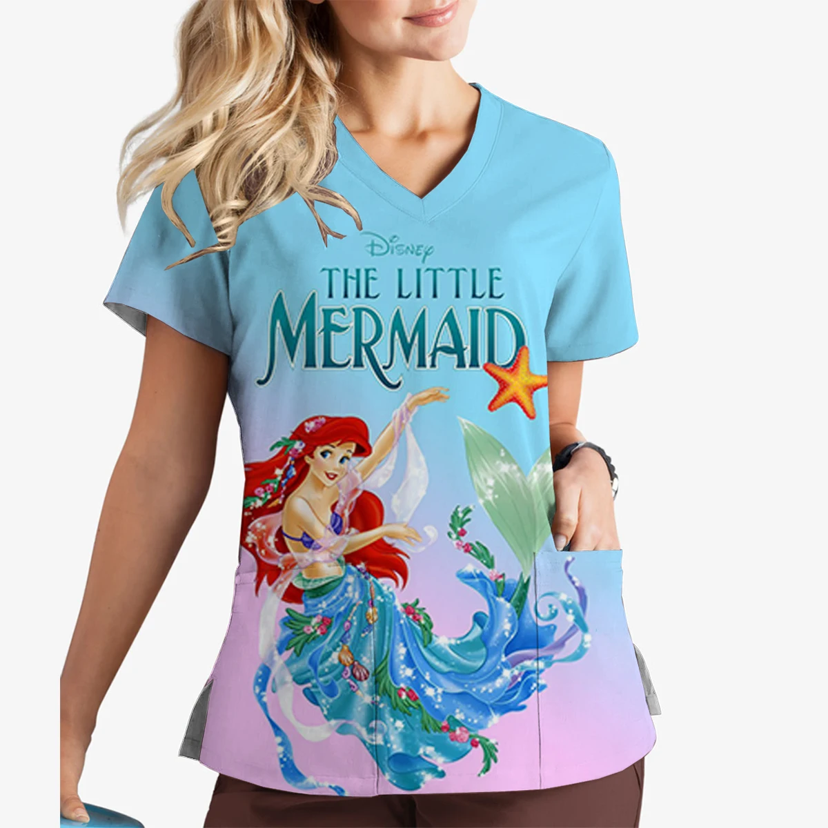 جديد المرأة فرك القمم الملابس الطبية بلوزات على شكل حرف v ديزني حورية البحر الأميرة ارييل مطبوعة ملابس العمل الملابس النسائية تي شيرت