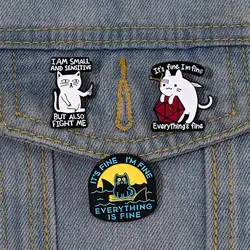 It's Fine I'm Fine Enamel Pin Custom Funny Cat Sharks Sword Brooch Lapel Badge Kitten Animal Jewelry Gift for Kids Friends