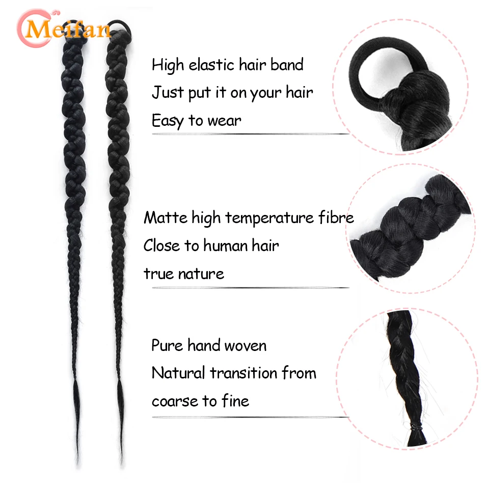 Meifan-Pigtail De Boxe Longo Trançado Sintético, Cauda Chignon com Elástico, Cabelo Trança Crochet, Extensão De Rabo De Cavalo Falso Natural