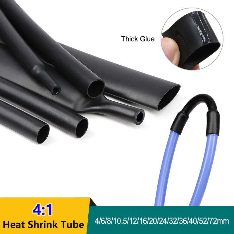 1/2/5/10M Black 4:1 Heat Shrink Tube With Glue Cable Repair Connection Dual Wall Heat Shrinkable Tubing 6 8 12 16 24 32 72mm