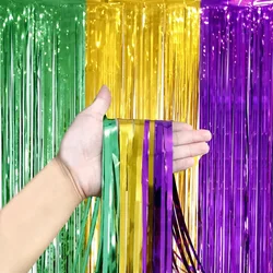 Mardi Gras Carnival Party Backdrops Decoration Green Gold Purple Rain Silk Foil Tinsel Curtain Hanging Holiday Party Wall Supply