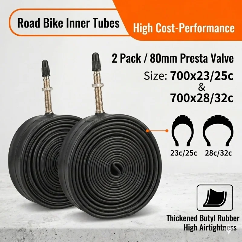 2 Piezas de Cámara de Aire para Bicicleta de Carretera 700C, Válvula Presta de 80mm de Largo, FV 700x23c 700x25c 700x28c 700x30c 700x32c, Goma de Butilo de Alta Presión