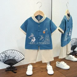Summer Traditional Cotton Linen Embroidered Tang Suit for Kids Boys Girls Chinese New Year Clothes Tai Chi Uniform Blouse Pants