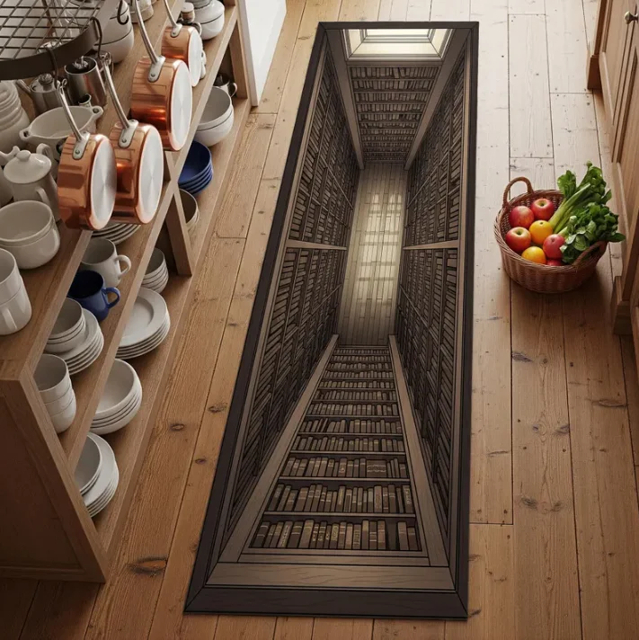 Vintage 2D Hallway Kitchen Runner Rug Optical Illusion Bookcase Print Non Slip Long Runner Carpet Washable Floormat for Entryway
