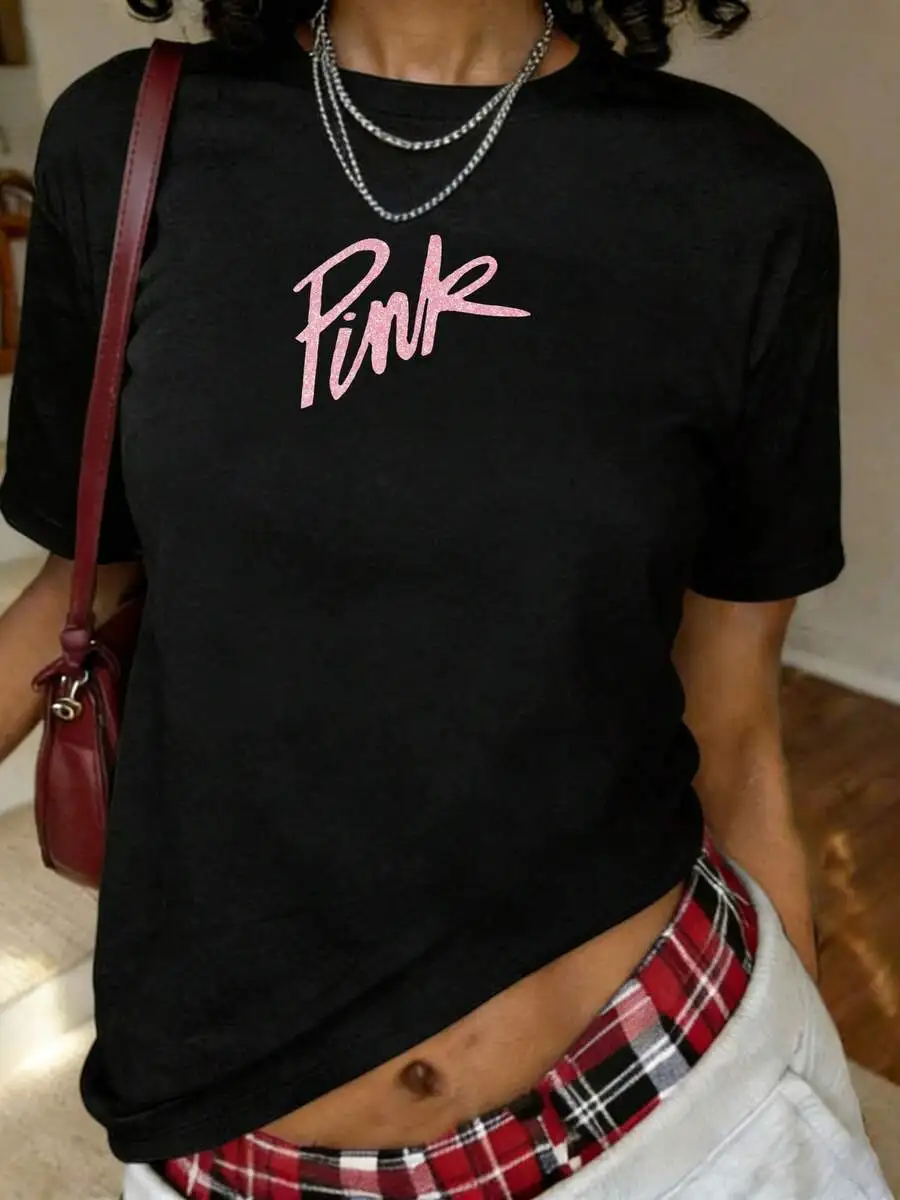 Women's Crew Neck Short‑Sleeve Graphic T‑Shirt, Minimalist Pink Letter Print, Fashion New Arrival, Soft Basic Casual Daily Top For Summer
