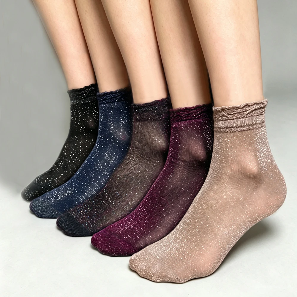 5 Pair/Set Women's Thin Sheer Summer Breathable Sexy Shiny Socks Korean Style Silk Socks Luxury Design Elastic Socks