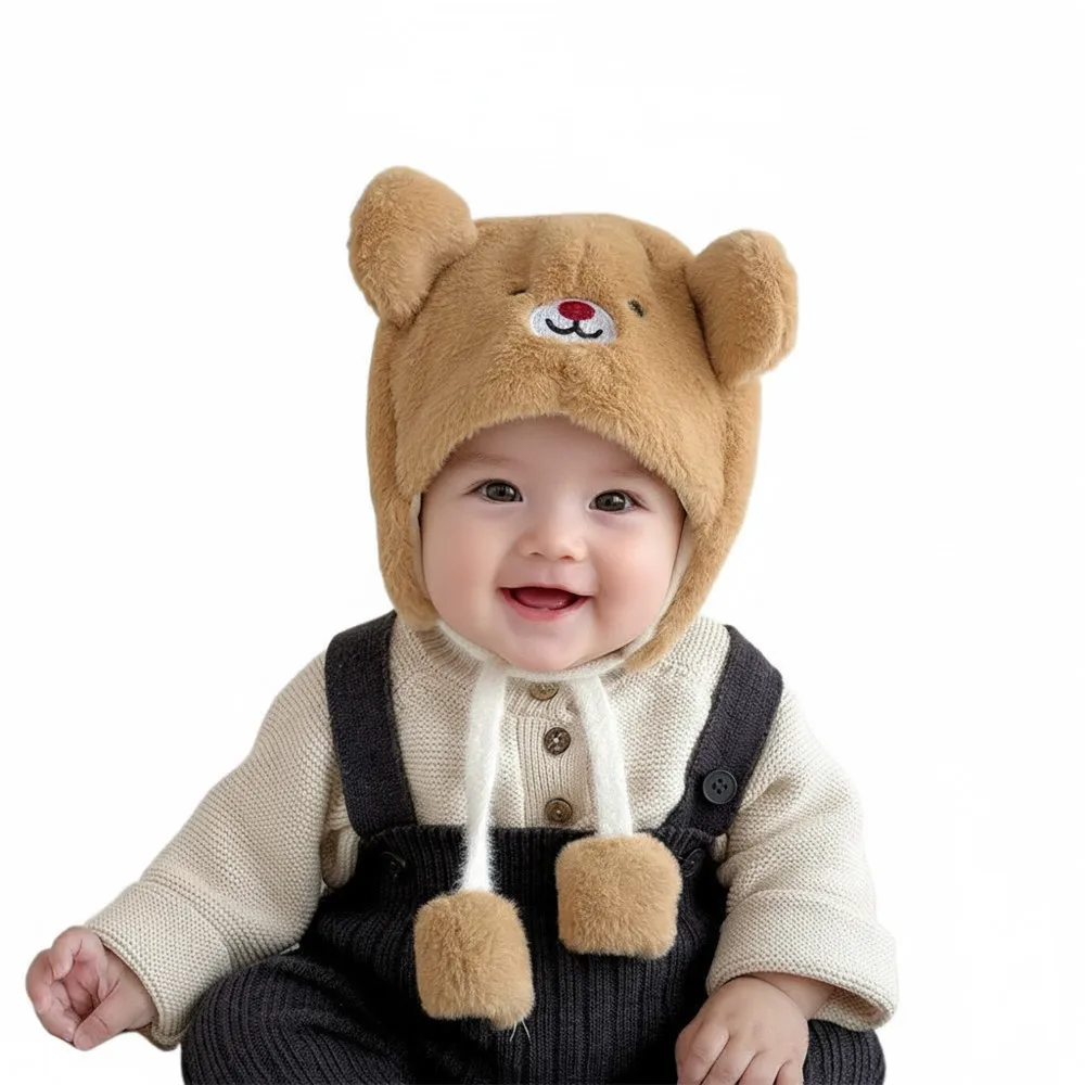 Topi Bayi Beruang Kartun Musim Dingin Baru untuk Anak Perempuan dan Laki-laki, Topi Bonnet dengan Bola Pompom dan Penutup Telinga untuk Perlindungan Telinga Anak di Luar Ruangan